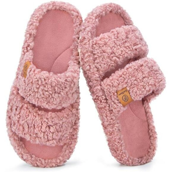 EverFoams Fuzzy Open Toe Slippers Memory Foam Indoor House Shoes for Women - Picture 1 of 7